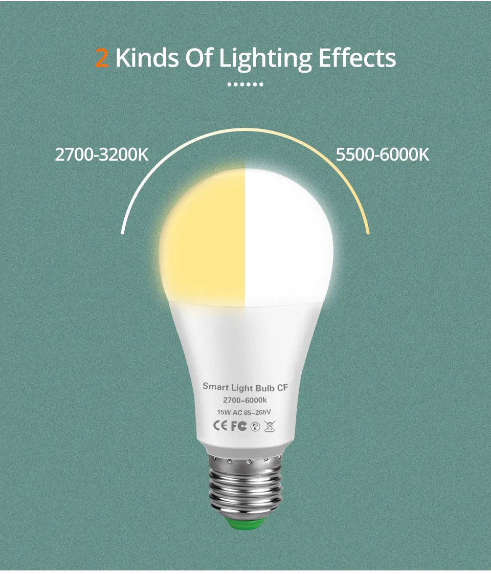 15W WiFi Smart LED Light Bulb E27 B22 Ampoule LED Intelligent Dimmable Night Lamp Apply to Alexa Google Home Alice Echo for Home