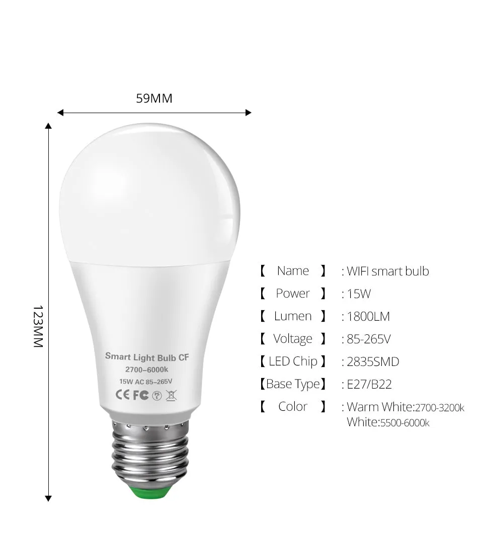 15W WiFi Smart LED Light Bulb E27 B22 Ampoule LED Intelligent Dimmable Night Lamp Apply to Alexa Google Home Alice Echo for Home