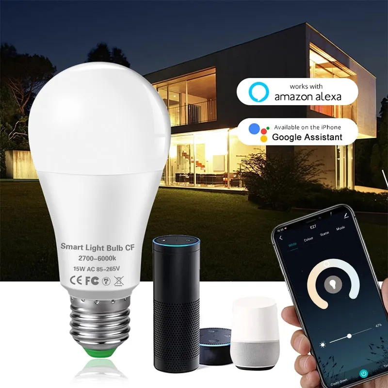 15W WiFi Smart LED Light Bulb E27 B22 Ampoule LED Intelligent Dimmable Night Lamp Apply to Alexa Google Home Alice Echo for Home