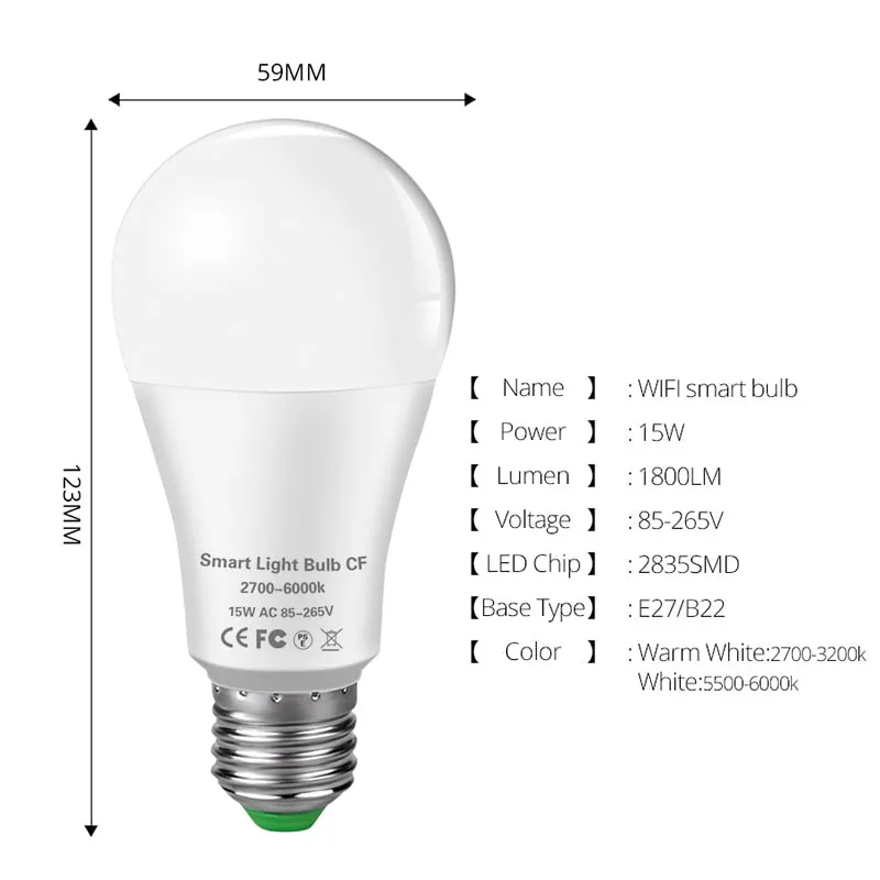 15W WiFi Smart LED Light Bulb E27 B22 Ampoule LED Intelligent Dimmable Night Lamp Apply to Alexa Google Home Alice Echo for Home