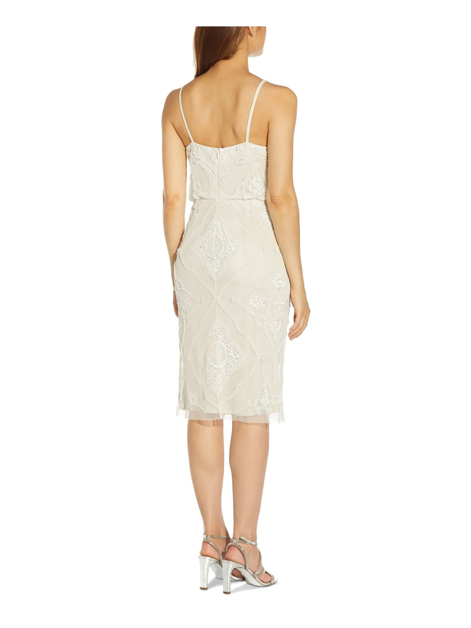 ADRIANNA PAPELL Womens Beaded Spaghetti Strap V Neck Below The Knee Party Sheath Dress