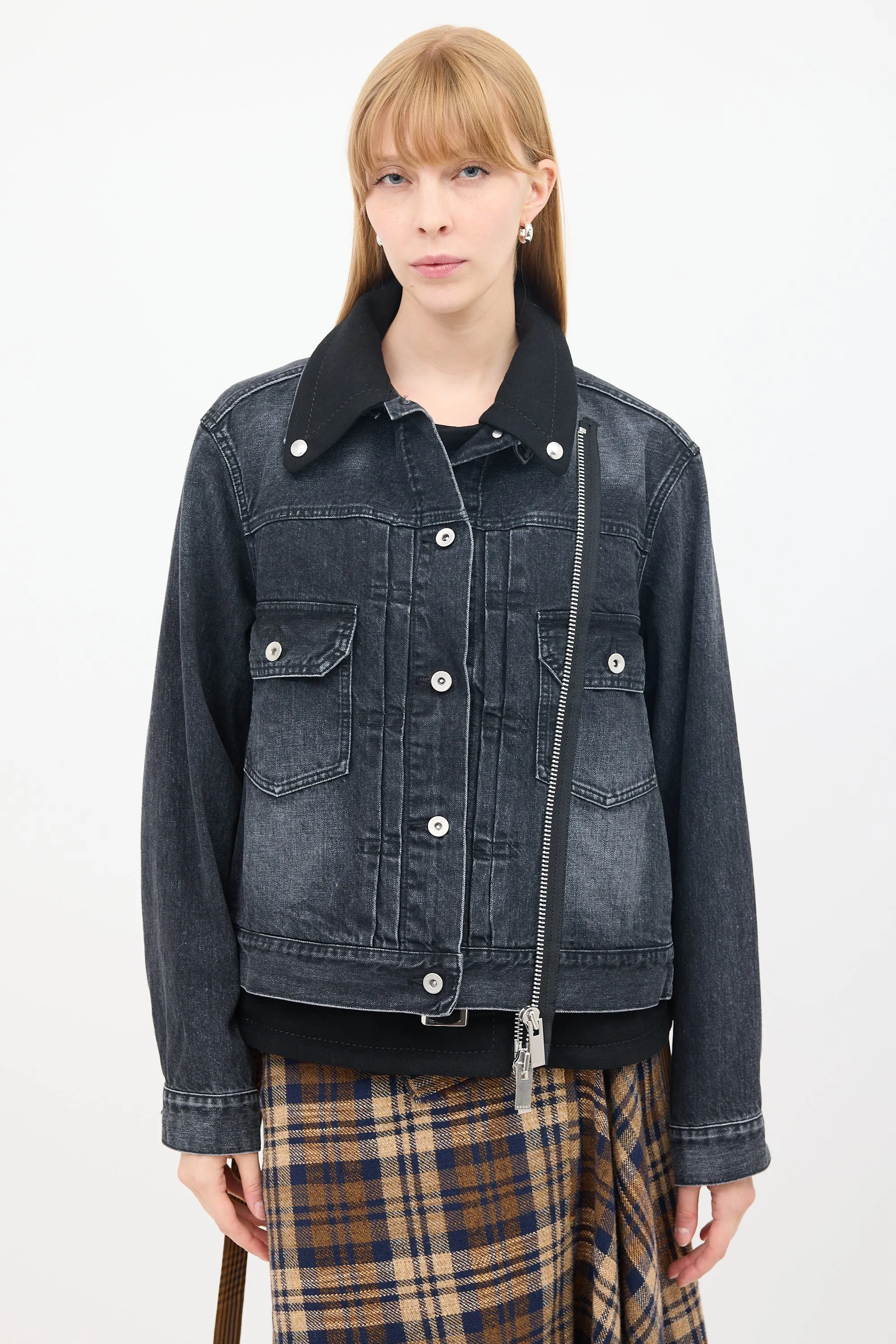 Black Cotton & Wool Layered Moto Denim Jacket