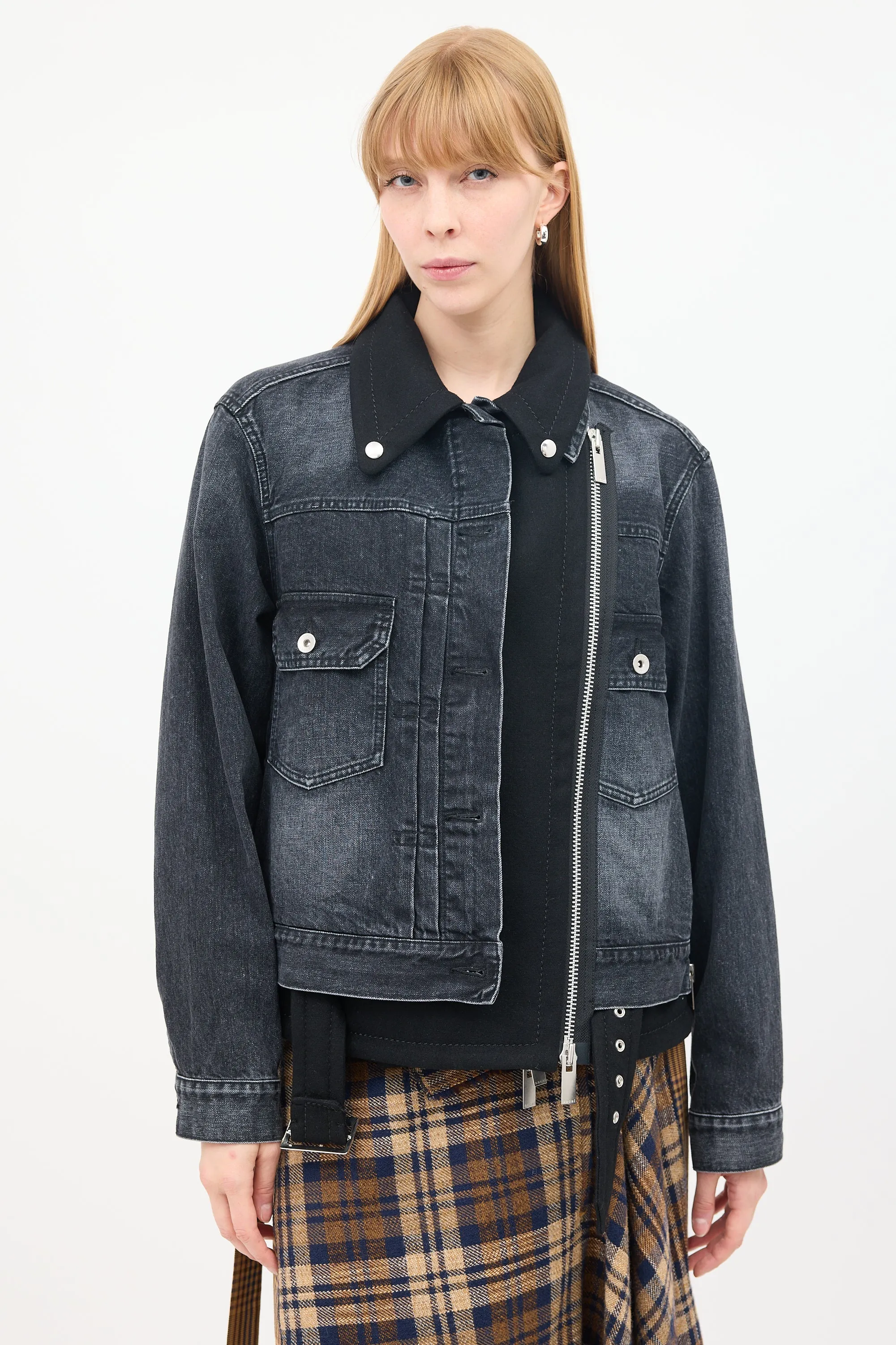 Black Cotton & Wool Layered Moto Denim Jacket