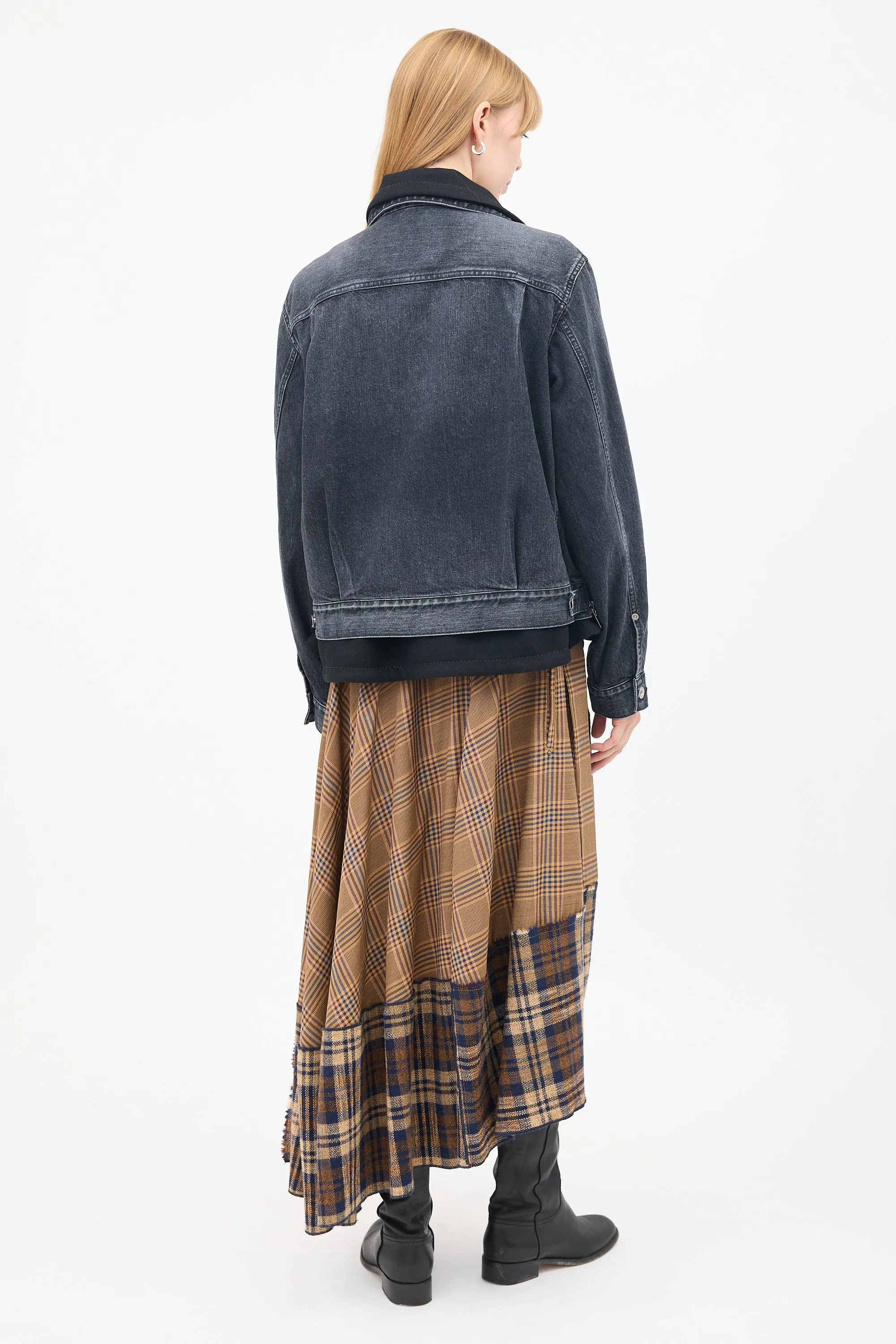 Black Cotton & Wool Layered Moto Denim Jacket