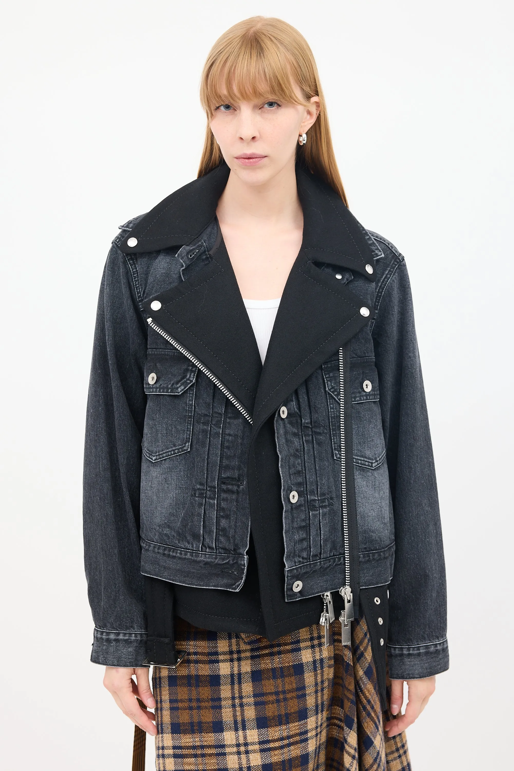 Black Cotton & Wool Layered Moto Denim Jacket