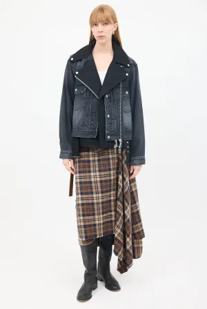 Black Cotton & Wool Layered Moto Denim Jacket