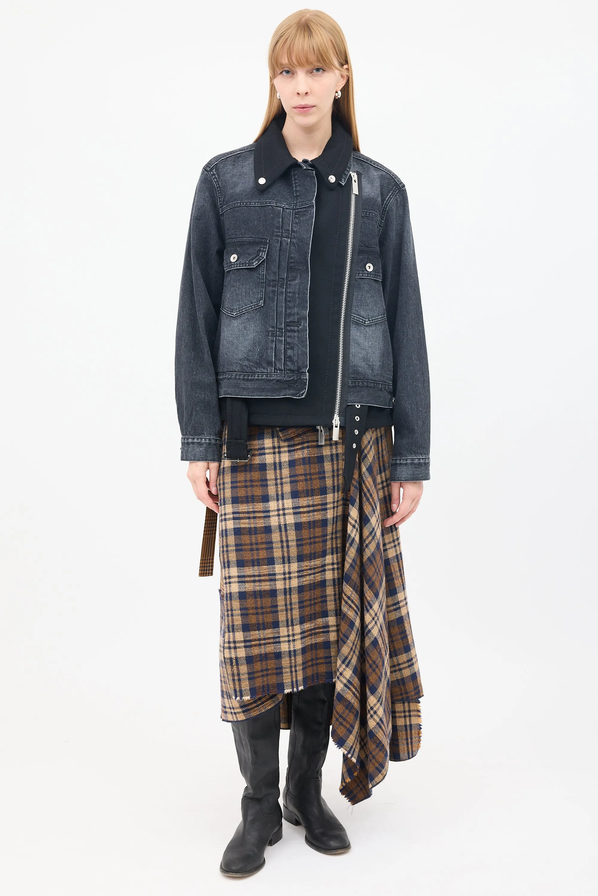 Black Cotton & Wool Layered Moto Denim Jacket