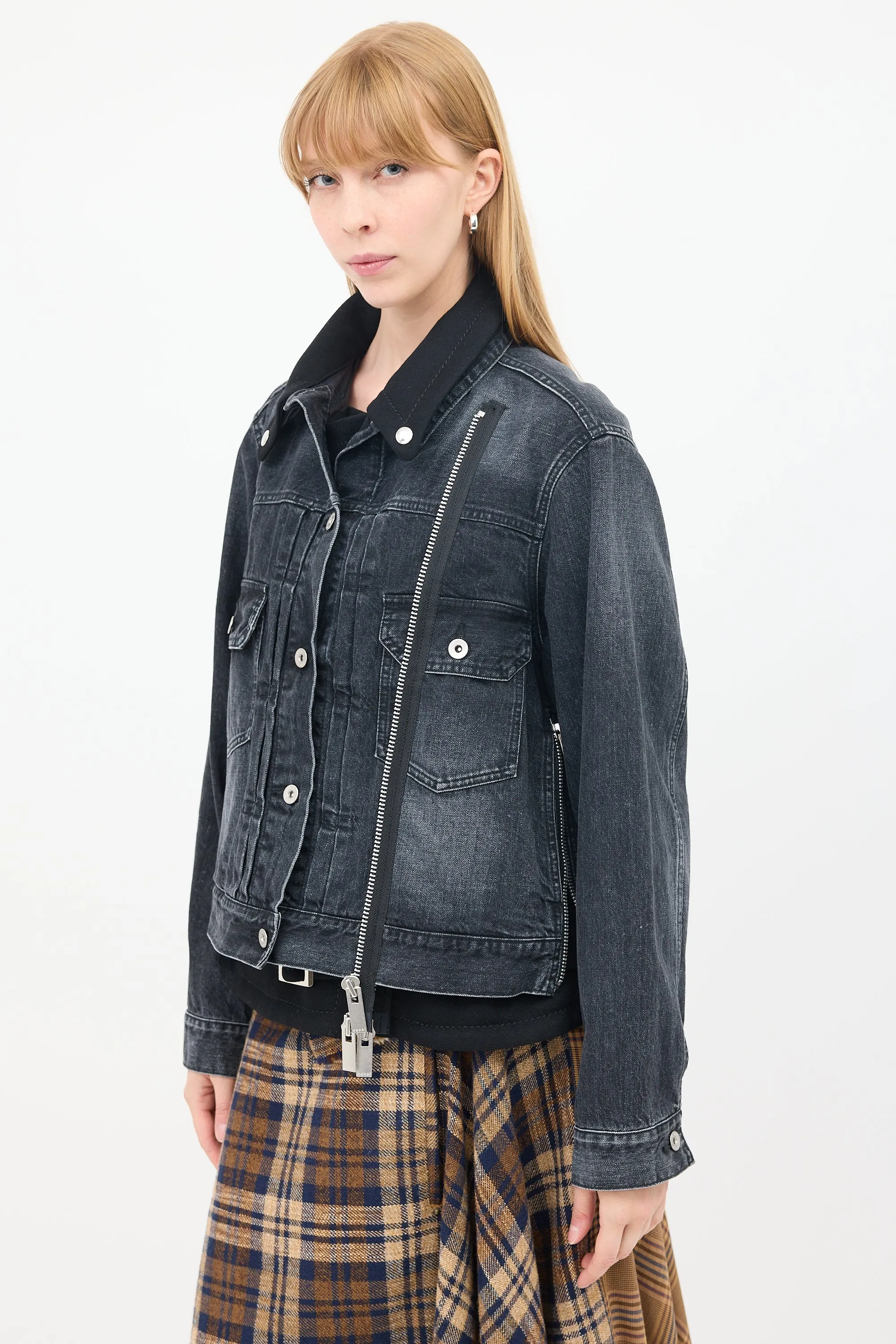 Black Cotton & Wool Layered Moto Denim Jacket