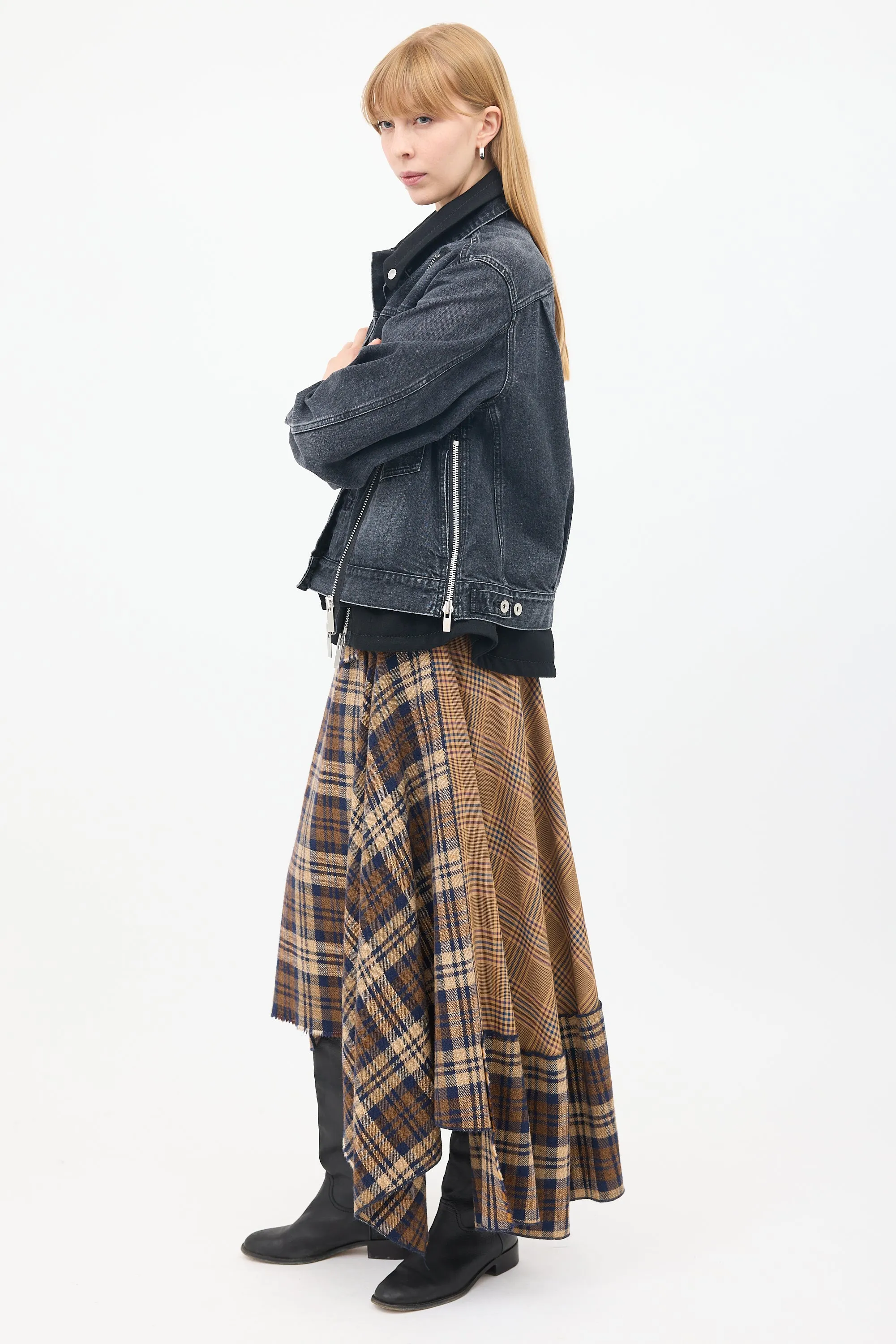 Black Cotton & Wool Layered Moto Denim Jacket