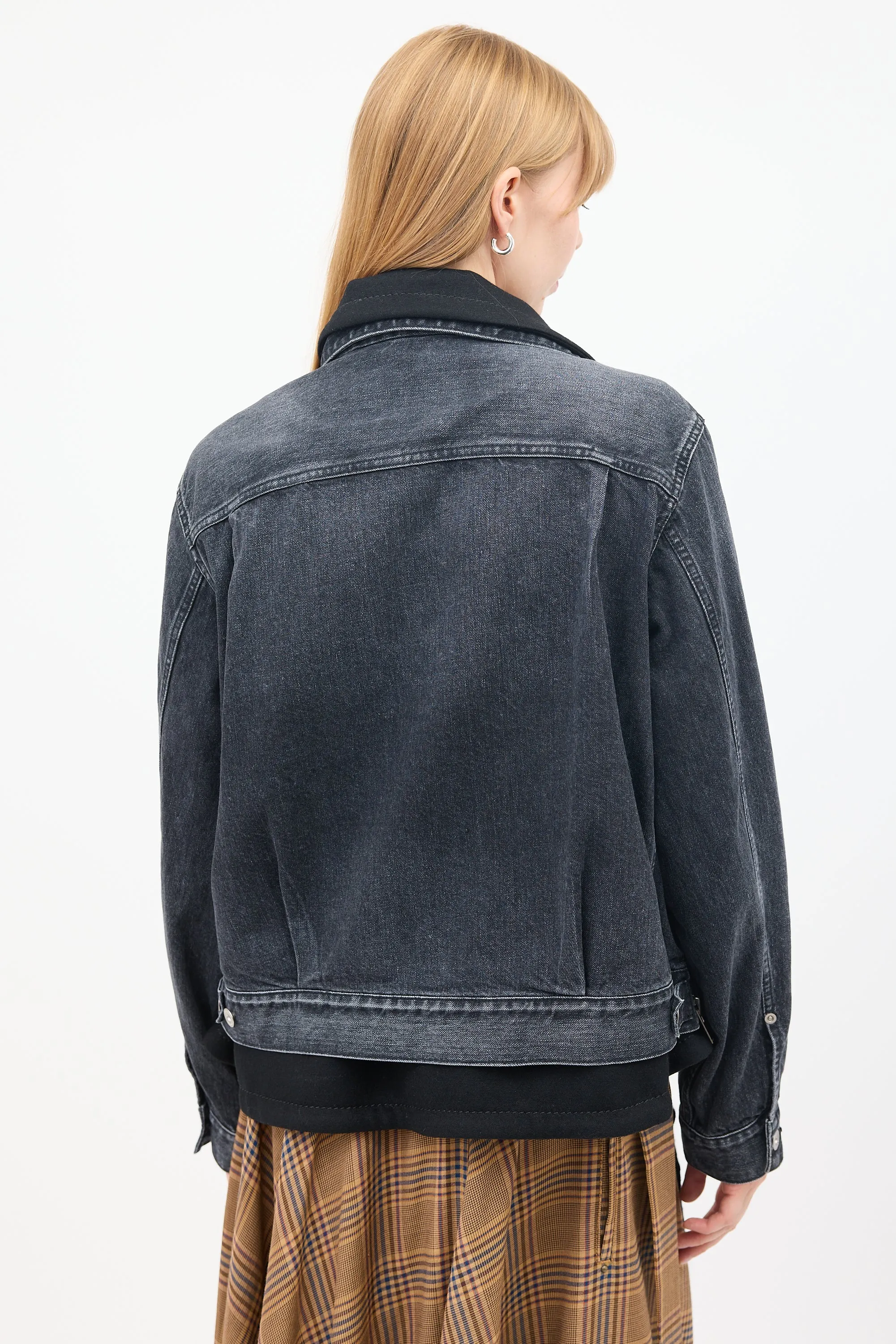 Black Cotton & Wool Layered Moto Denim Jacket