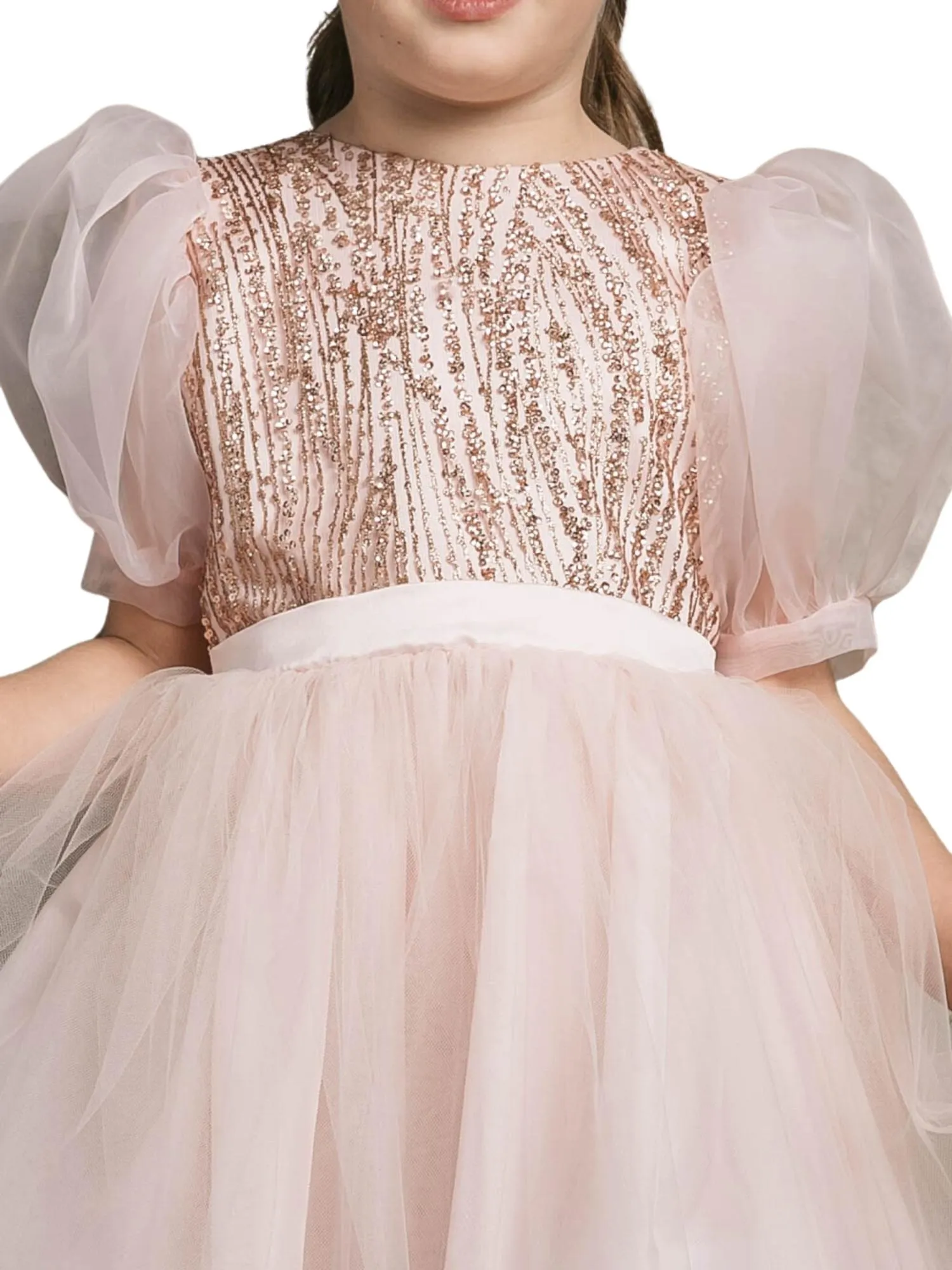 Girls Blush Bubble Sleeve Sequin Bodice Organza Dress, Sizes 2-12