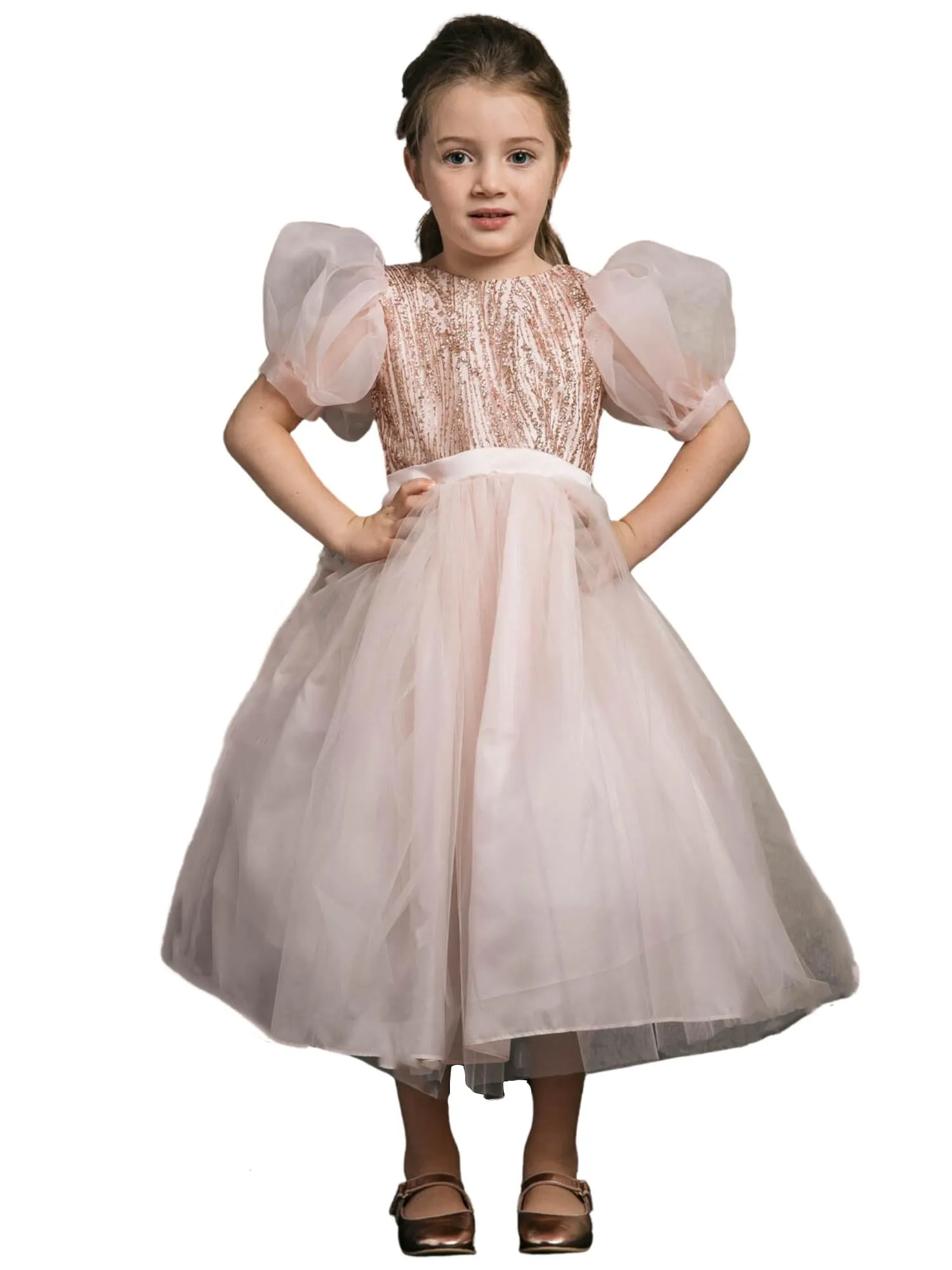 Girls Blush Bubble Sleeve Sequin Bodice Organza Dress, Sizes 2-12