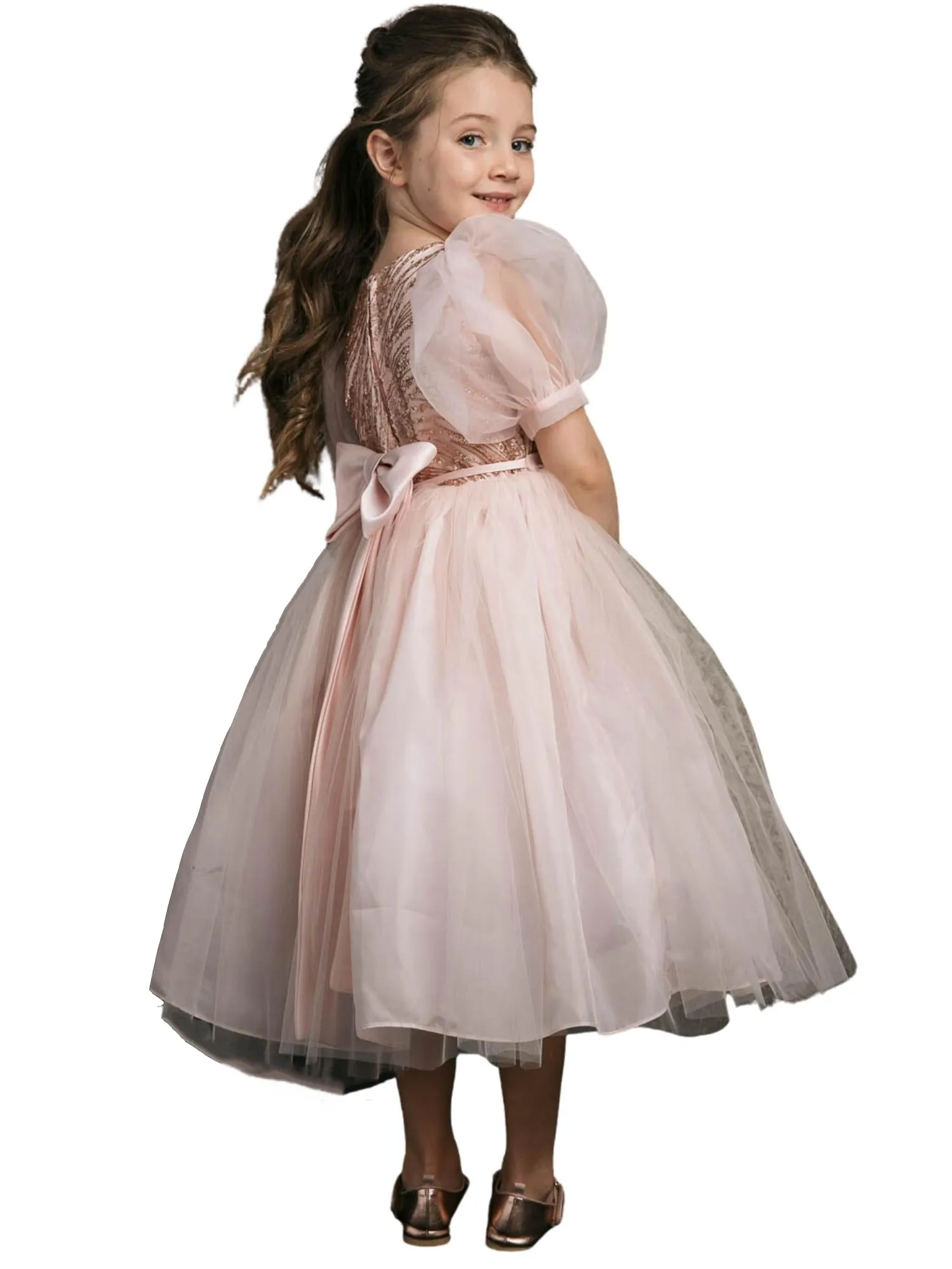Girls Blush Bubble Sleeve Sequin Bodice Organza Dress, Sizes 2-12