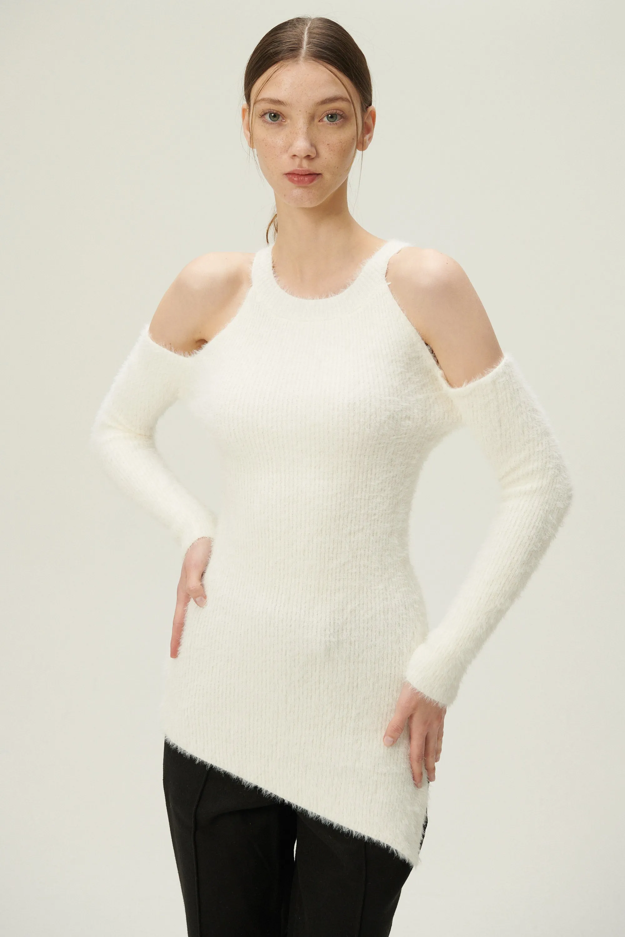 Leyla Cold Shoulder Fuzzy Sweater