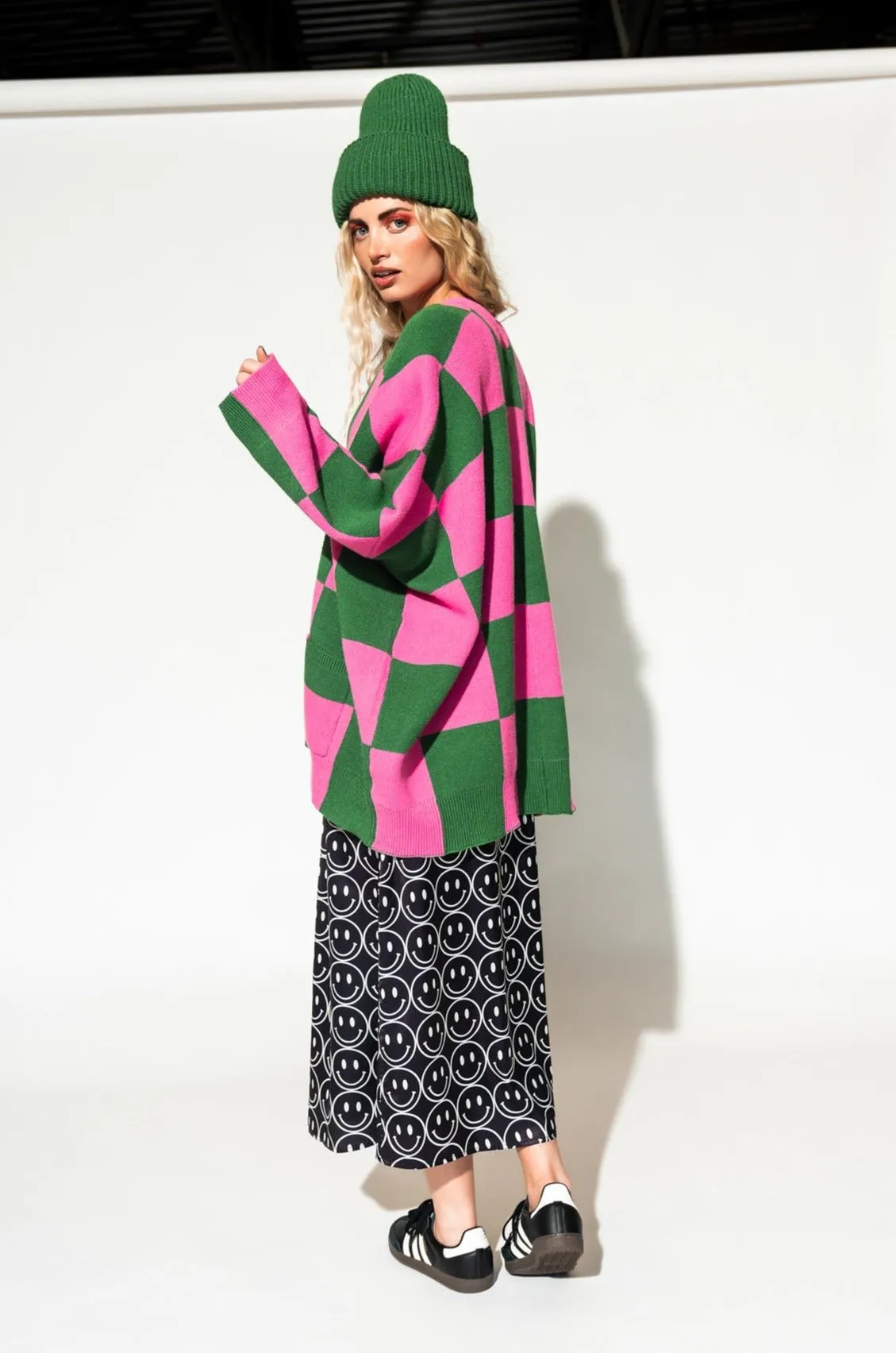 Love You Oversized Checkerboard Cardigan in Watermelon
