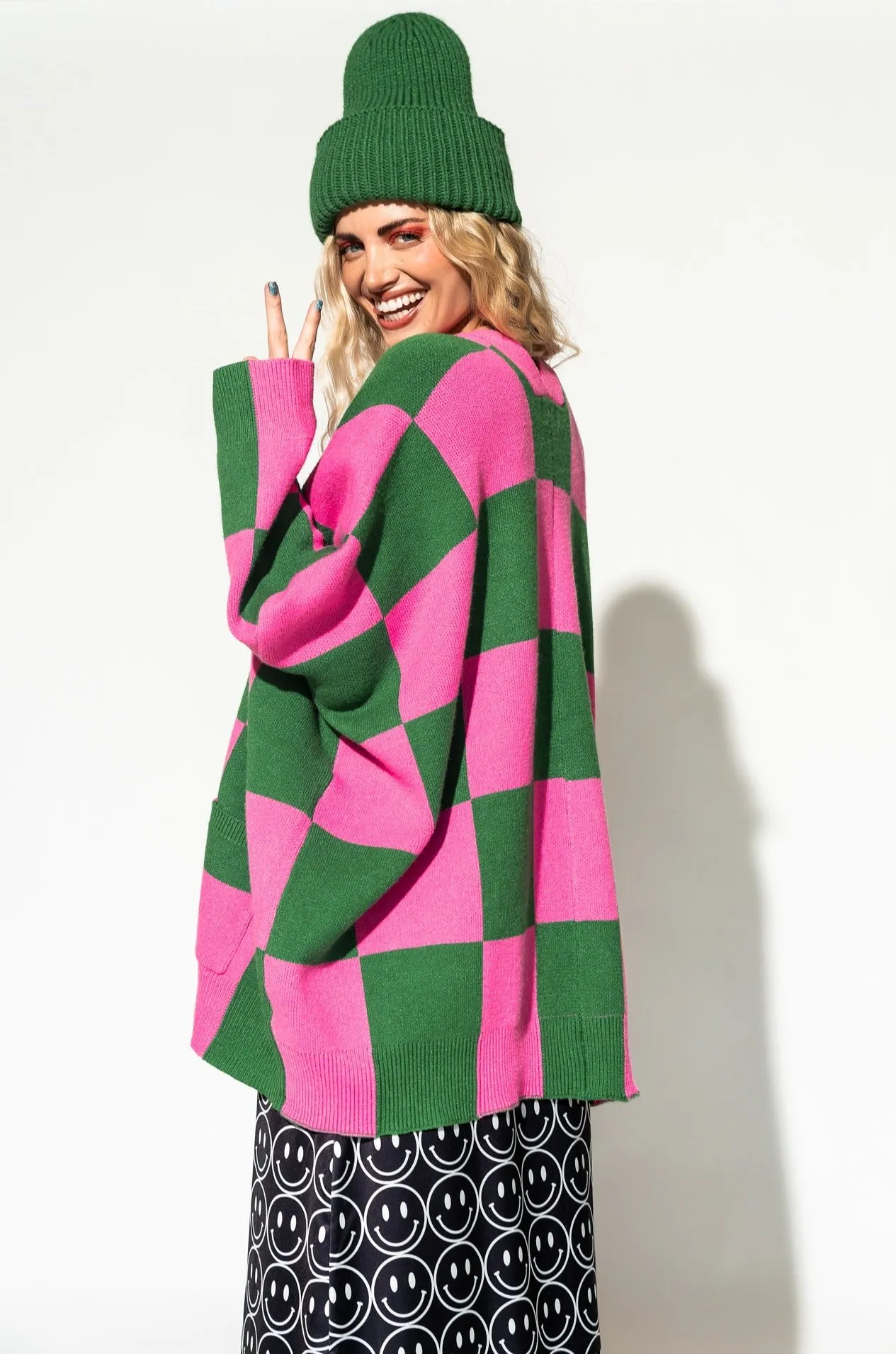 Love You Oversized Checkerboard Cardigan in Watermelon