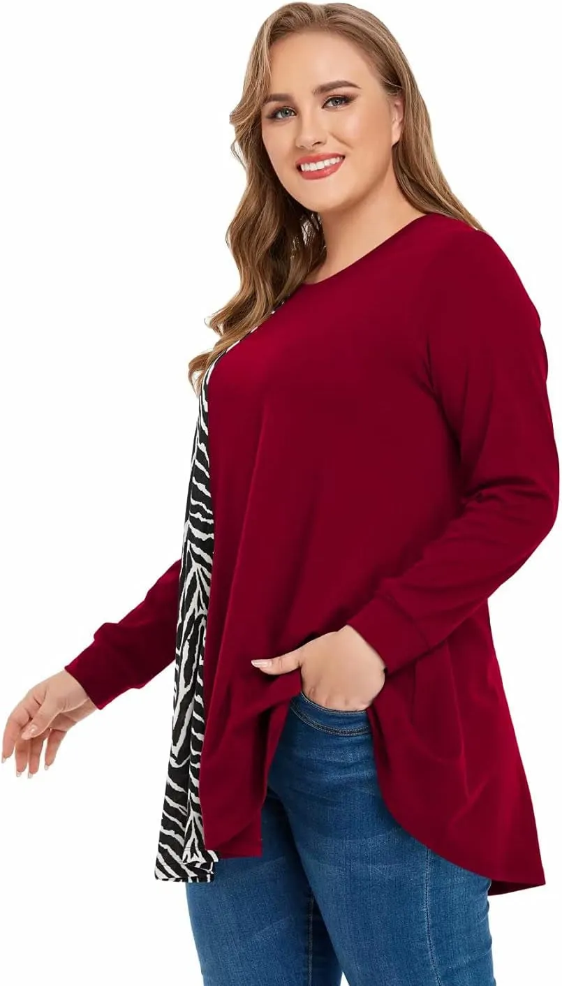 plus Size Sweatshirts for Womens Long Sleeve Tops Animal Print Pullover Patchwork Tunic Lightweight Fall Clothes Winered 2X