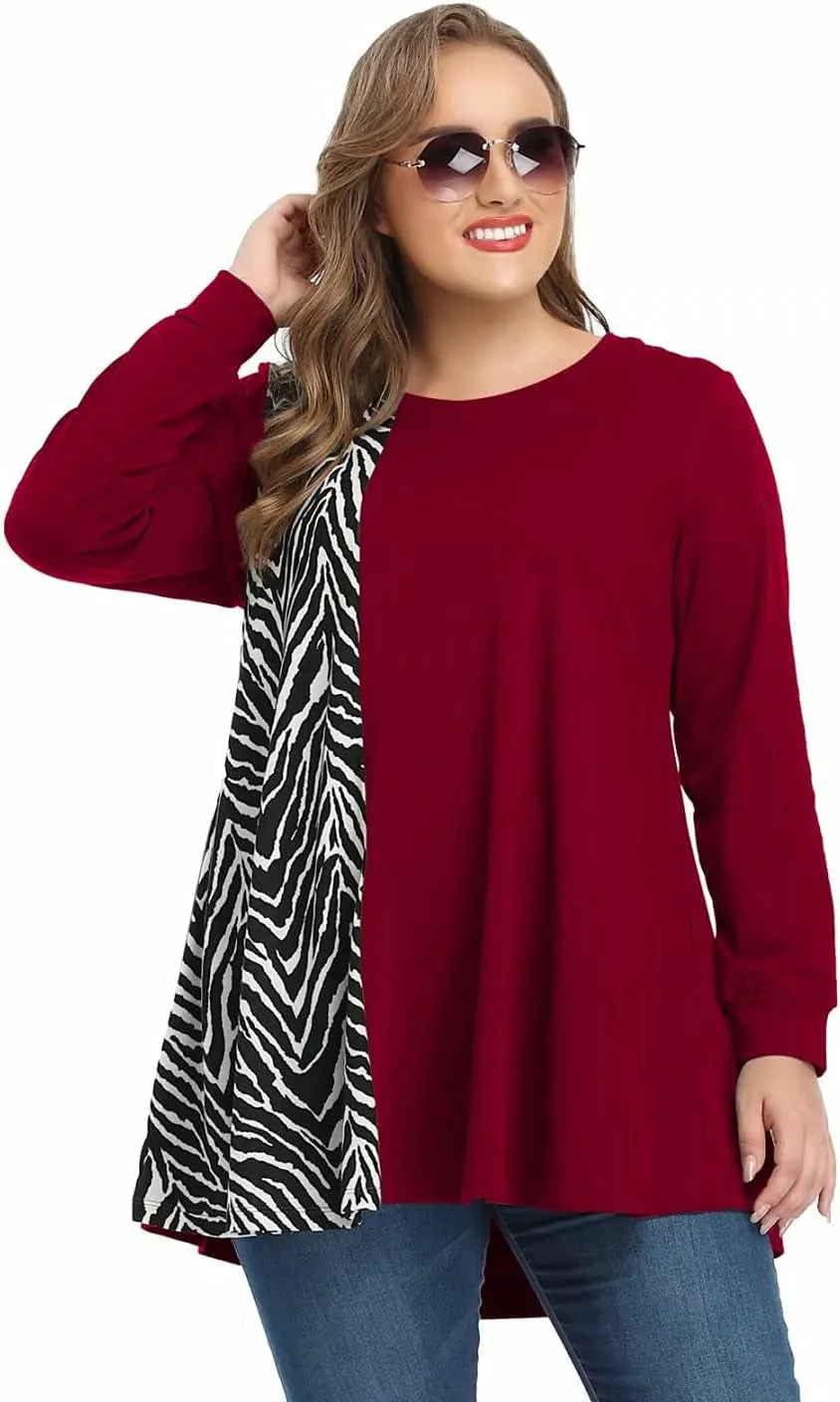 plus Size Sweatshirts for Womens Long Sleeve Tops Animal Print Pullover Patchwork Tunic Lightweight Fall Clothes Winered 2X