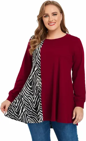 plus Size Sweatshirts for Womens Long Sleeve Tops Animal Print Pullover Patchwork Tunic Lightweight Fall Clothes Winered 2X