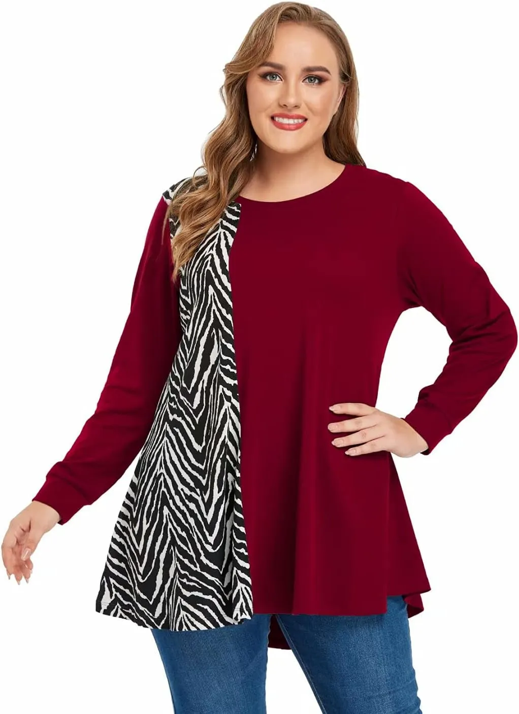 plus Size Sweatshirts for Womens Long Sleeve Tops Animal Print Pullover Patchwork Tunic Lightweight Fall Clothes Winered 2X