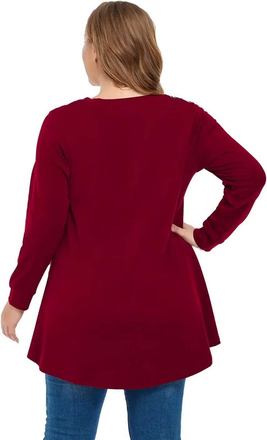 plus Size Sweatshirts for Womens Long Sleeve Tops Animal Print Pullover Patchwork Tunic Lightweight Fall Clothes Winered 2X