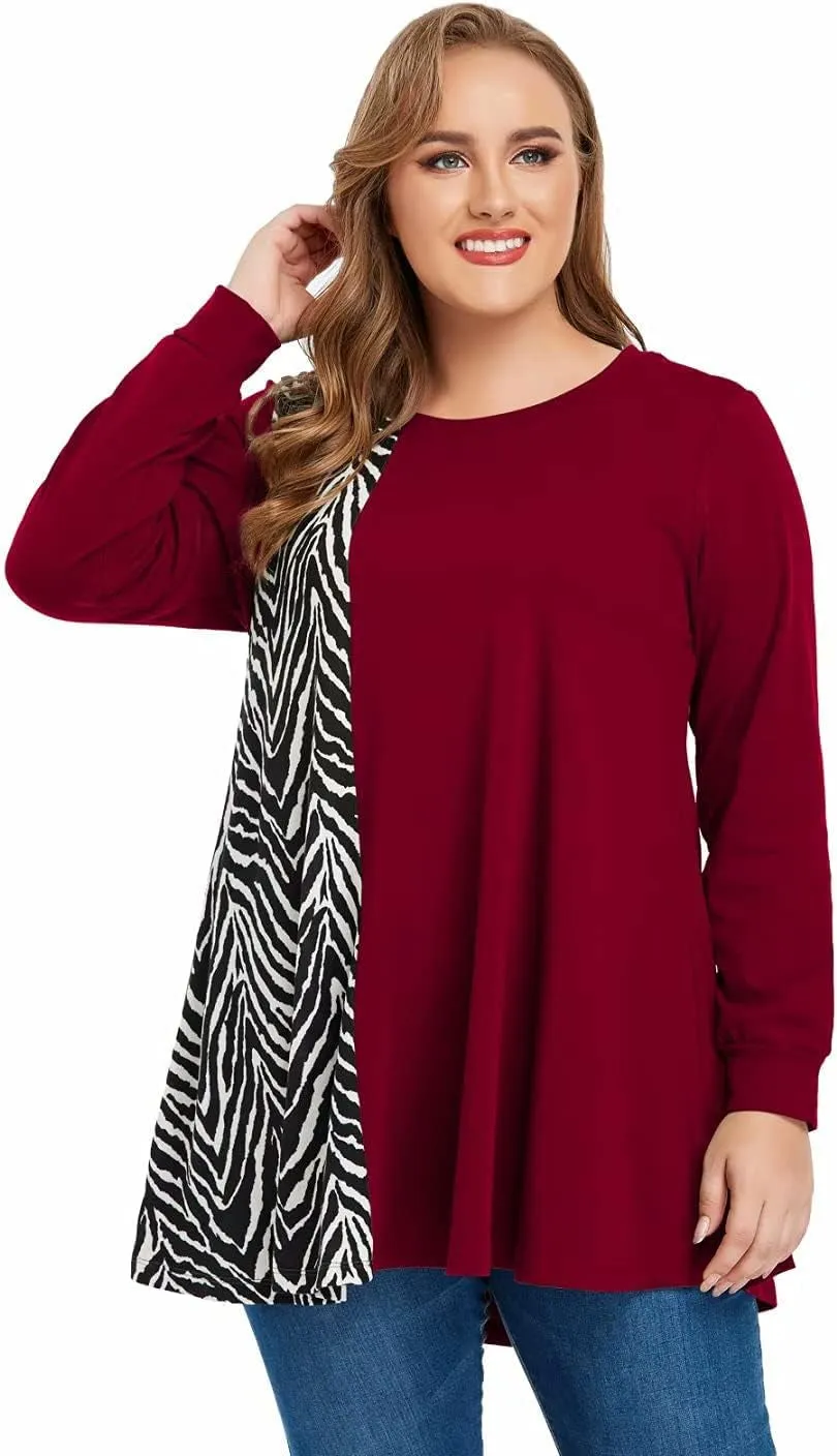 plus Size Sweatshirts for Womens Long Sleeve Tops Animal Print Pullover Patchwork Tunic Lightweight Fall Clothes Winered 2X