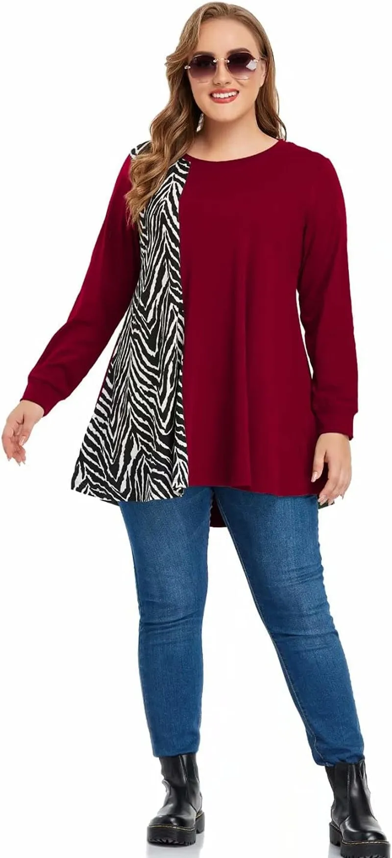 plus Size Sweatshirts for Womens Long Sleeve Tops Animal Print Pullover Patchwork Tunic Lightweight Fall Clothes Winered 2X