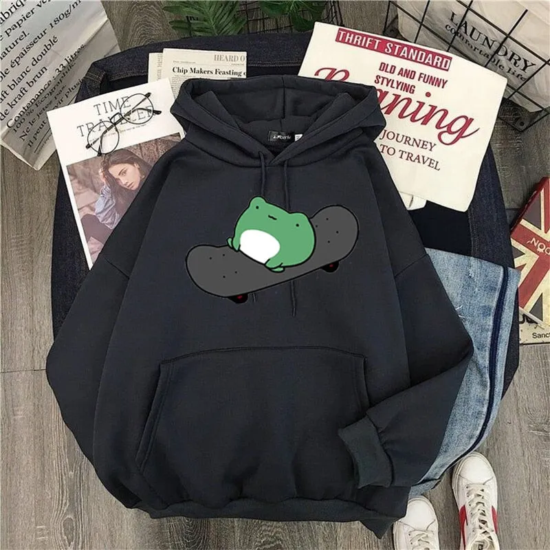 Purpdrank - Springtime Skateboard frog oversized Sweatshirt men and women's  Hoodies Harajuku Warm Pullover Womens Korean Style Hoodie