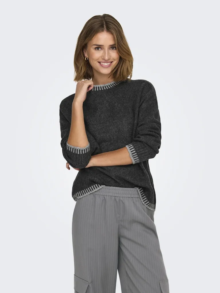 Silma Stitch Mock Neck Knit- Dark Grey Melange