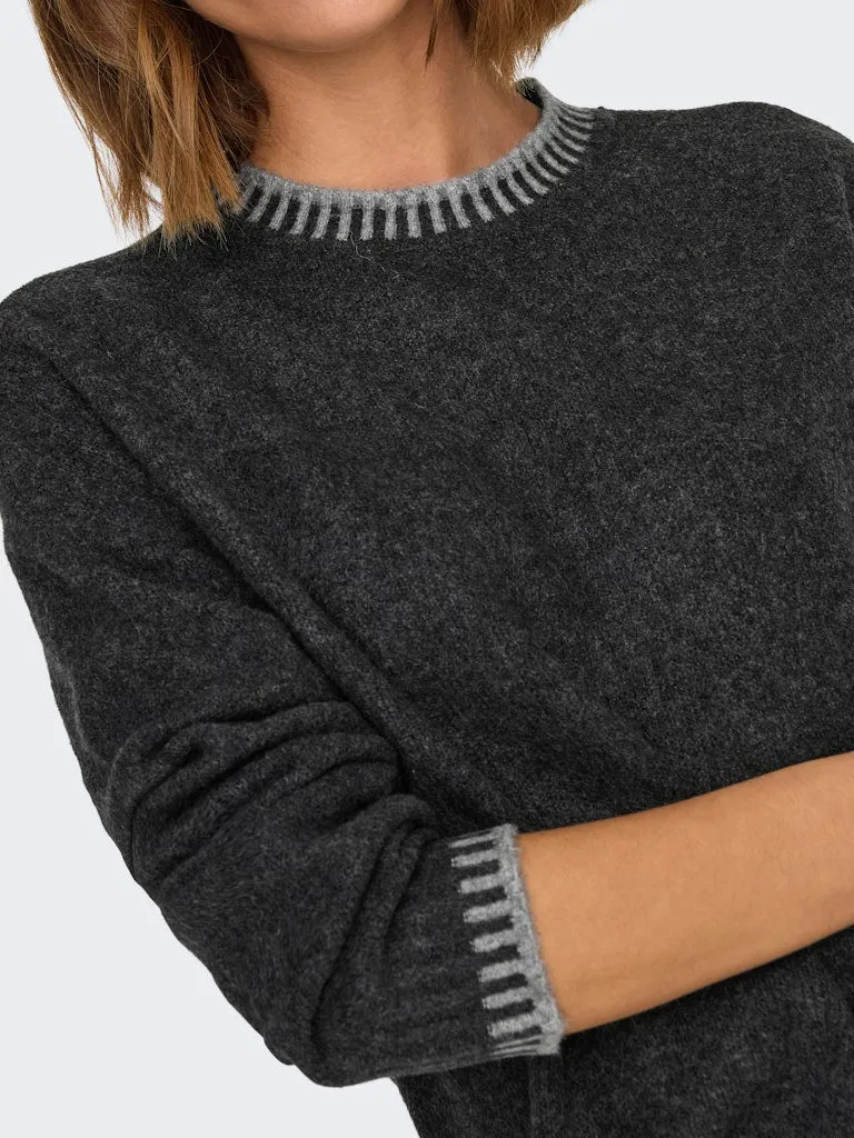 Silma Stitch Mock Neck Knit- Dark Grey Melange