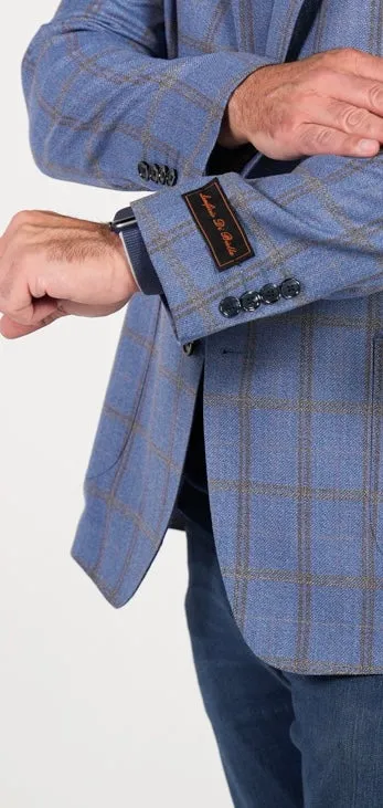 Sky Blue with Gold and Brown Windowpane Modern Fit, Pure Wool  Sport Jacket by Tiglio