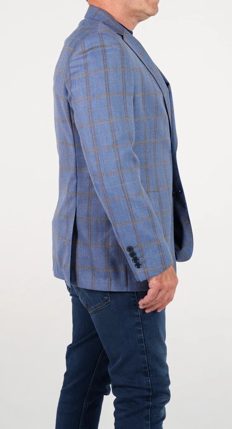 Sky Blue with Gold and Brown Windowpane Modern Fit, Pure Wool  Sport Jacket by Tiglio