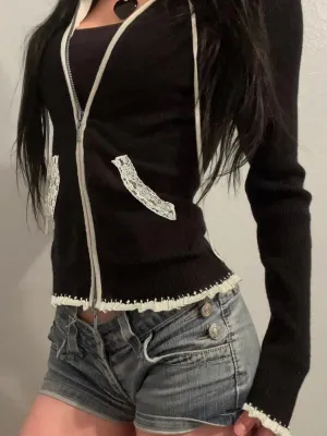 TAVIMART  -  Casual Contrast Color Knitted Sweater Coats Dark Patchwork Lace Cardigans Women Autumn Winter Fashion Streetwear