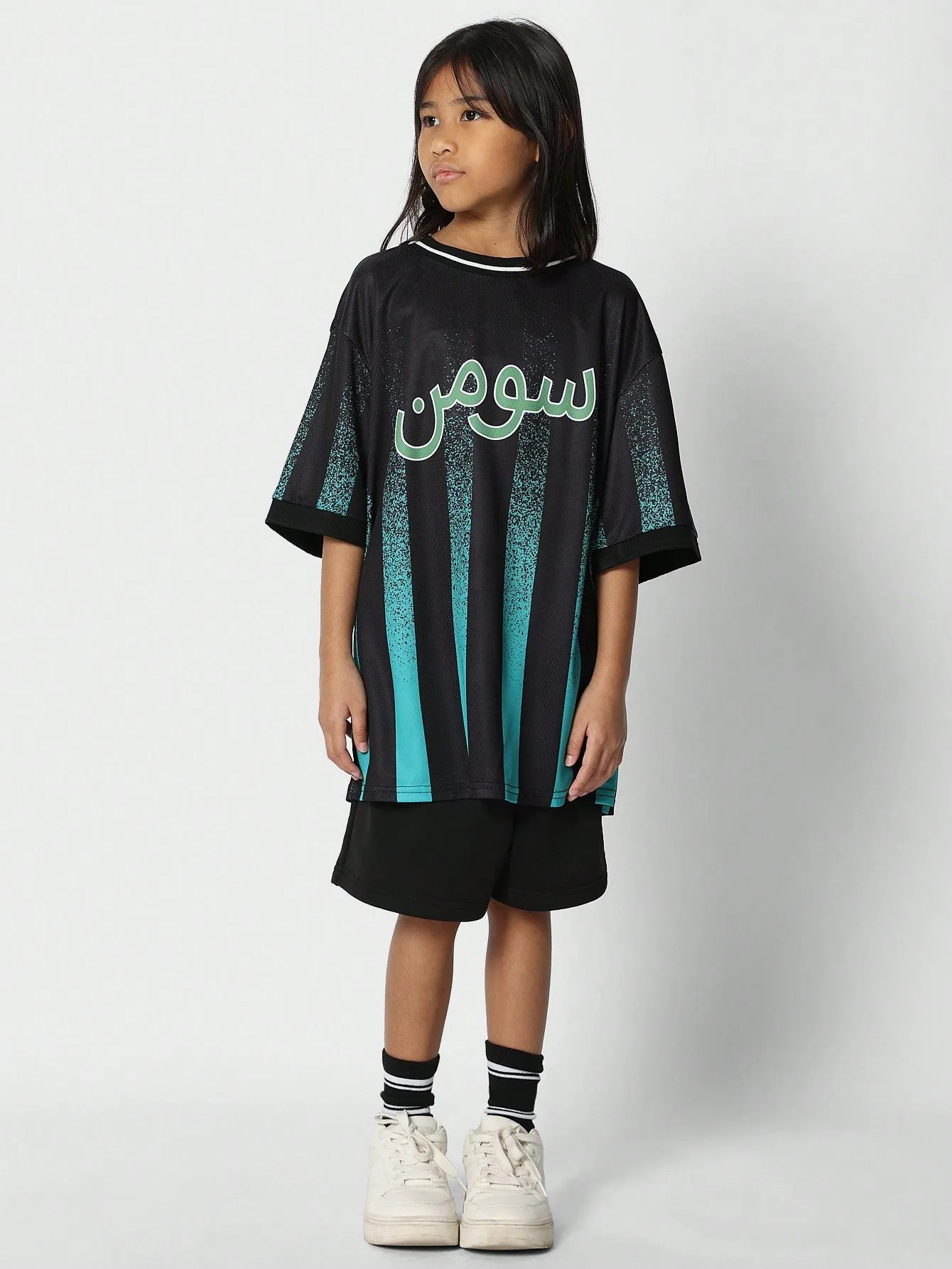 Tween Girls Baller Tee With Arabic And Stripe Print