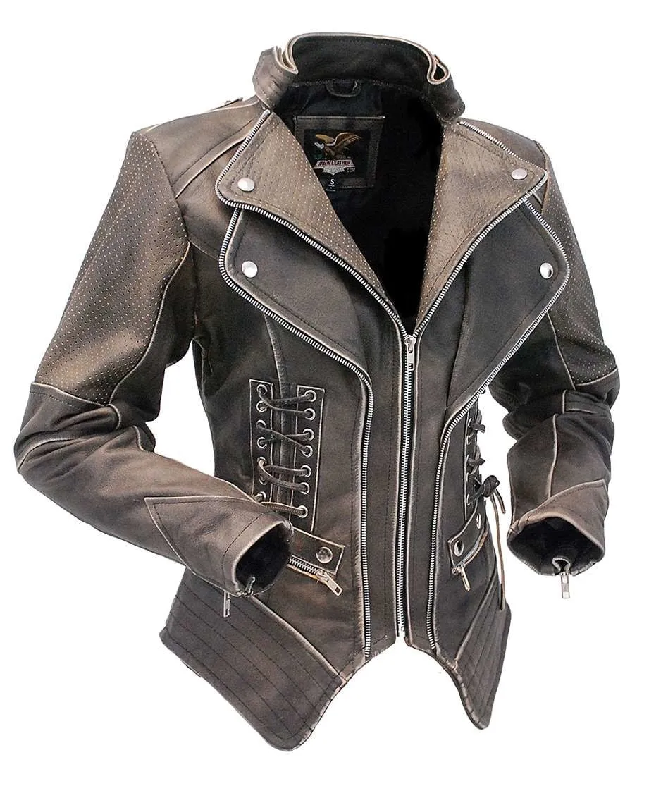Women's Brown Steampunk Leather Jacket w/Concealed Pocket #LA15070XZZN ()